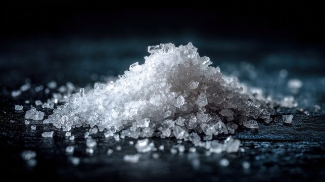 Luxurious sea salt display shot. High contrast image of premium sea salt on display. Refined image highlighting sparkling sea salt crystals for luxurious branding and festive decoration