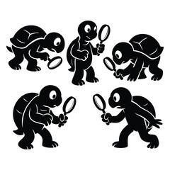 Naklejka premium Cute cartoon tortoise detective vector silhouette set, funny turtle character investigating with magnifying glass, curious animal inspector illustration