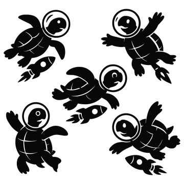 Cute cartoon astronaut turtle silhouette vector set, funny tortoise space explorer character with helmet and rocket ship illustrations