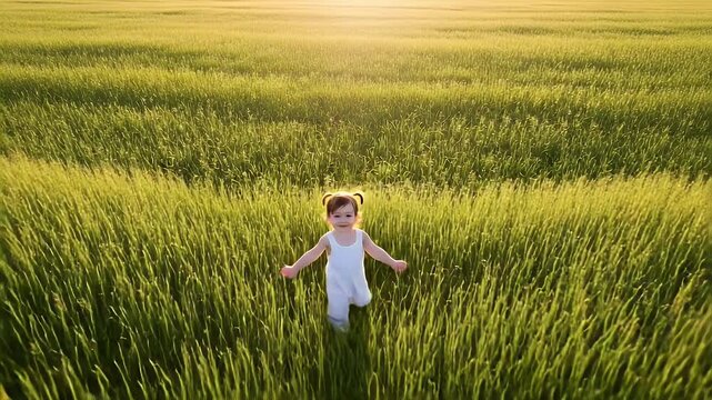 Child running through a wheat field with golden sunlight