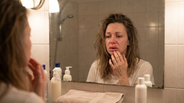 Devastated crying woman looking in bathroom mirror and touching her swollen lips. Botched lip filler injection, bad plastic surgery and cosmetic procedure regret concept