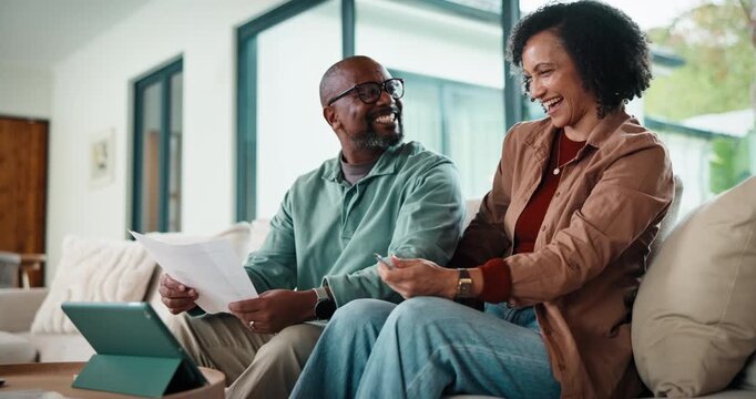 Couple, documents and tablet with budget in sofa for review, smile and insight for investment. Mature, African man and woman with paperwork, admin and financial report for asset management on couch