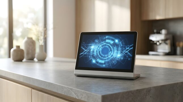 Smart home hub display on a kitchen counter with abstract blue digital interface technology screen