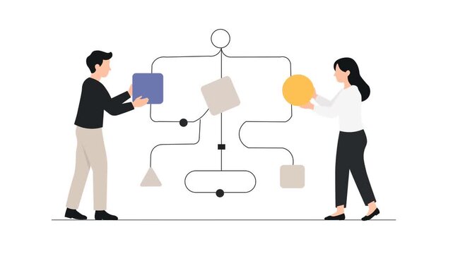 Minimal flat design animation of two business people building a creative workflow network using geometric shapes and connected lines. Modern process optimization concept.