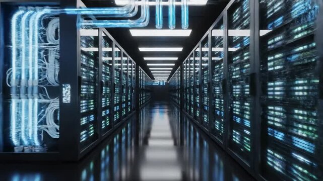 Symmetrical hallway of modern server racks in data center.