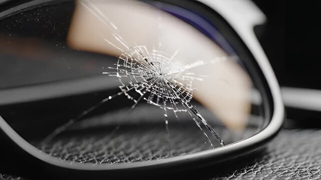 Close up of cracked eyeglasses lens showing damage and imperfection.