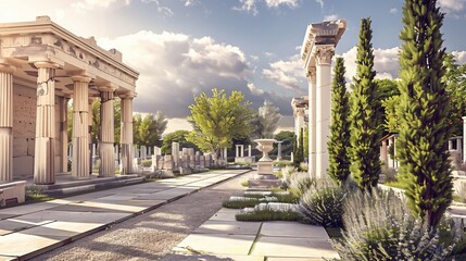 Obraz premium A sunlit, classical colonnade and path amidst lush greenery and serene skies