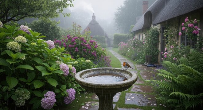 European robin bird perched on a stone birdbath in a rainy cottage garden