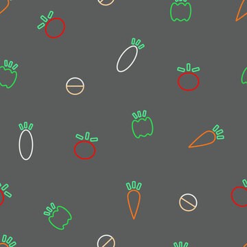 Seamless vector patterns mixed vegetables in flat style with carrot, onion, bell pepper, radish, and tomato. Perfect for backgrounds, packaging, wrapping paper, textiles, kitchen decor, and wallpaper.