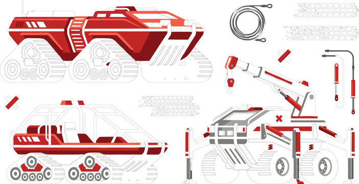 Futuristic sci fi planetary exploration tracked vehicle vector kit with heavy rescue crane rover and military all terrain transport machinery elementsFuturistic sci fi planetary exploration 