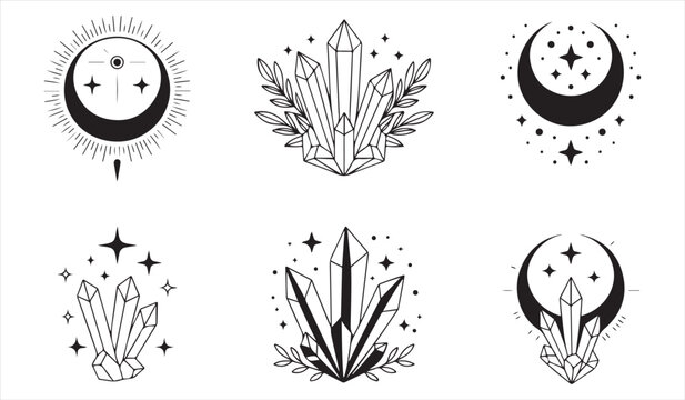 Mystical crystal and crescent moon symbols with celestial spiritual elements