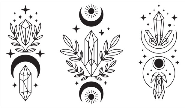 Boho magical crystal illustrations featuring lunar and cosmic decorative designs