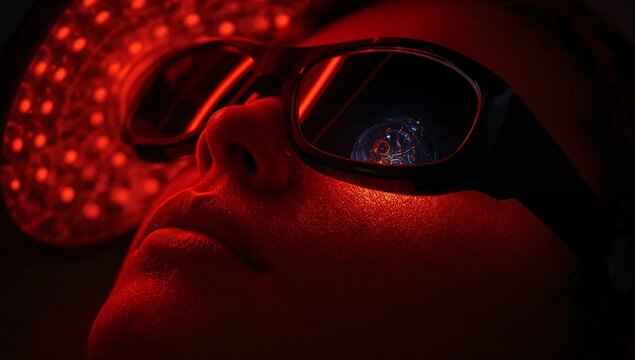 Patient Wearing Protective Goggles Under Intense Red Light Medical Therapy