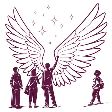 Winged figures and diverse people illustration in a maroon toned line art style on a white background