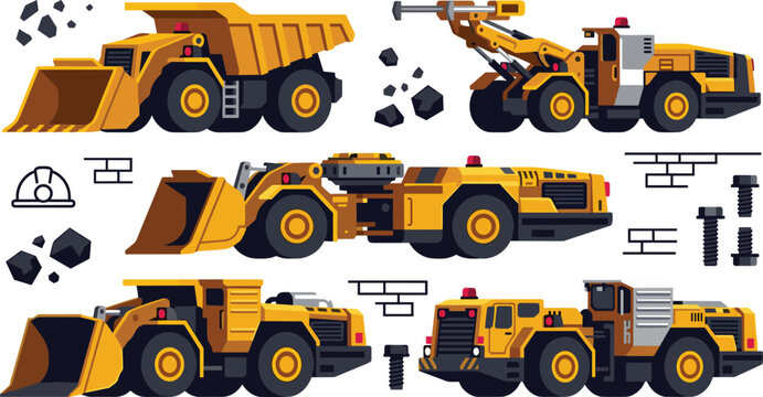 Heavy underground mining industrial machinery vector kit with yellow loader trucks dumpers drill rigs and coal excavation equipment elementsHeavy underground mining industrial machinery vector kit 