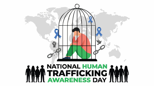 Sad man in cage with broken chains and awareness ribbon in gray world map background for human trafficking awareness campaign