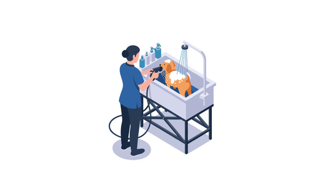 Isometric illustration of a man operating a large industrial washing machine with colorful clothes
