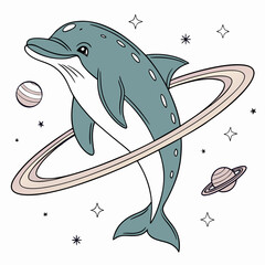 Smiling dolphin illustration with planetary rings and celestial elements a whimsical vector graphic dolphins marine mammal © md munna