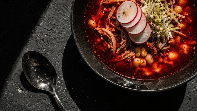 Avant Garde Overhead Macro of Pozole Rojo with Hard Spotlight