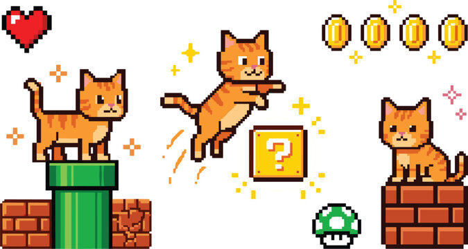 Retro pixel art video game cat vector set with orange tabby kitten jumping over bricks pipe and gold coinsRetro pixel art video game cat vector set 