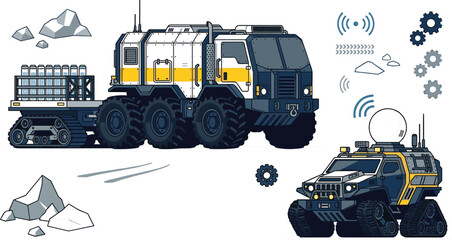 Futuristic planetary exploration rover vehicle vector kit with sci fi heavy arctic cargo transport truck and t truck and off road expedition elements © MdAmzad