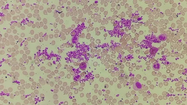 Normocytic normochromic anaemia with leucocytosis and thrombocytosis. Microscopic footage of blood cells. 