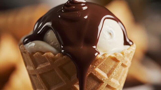 Delicious ice cream dessert with chocolate sauce and creamy texture in a waffle cone for sweet summer refreshment