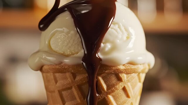 Delicious vanilla ice cream in a waffle cone being drizzled with rich chocolate sauce