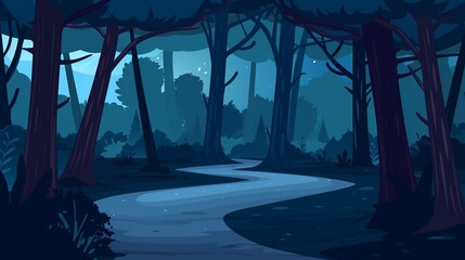 A winding path through a stylized, dark forest under a twilight sky