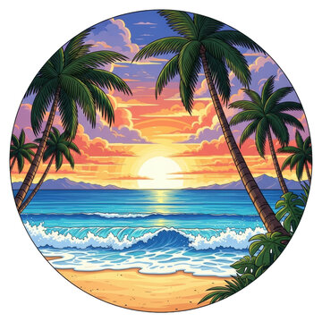 A vivid digital illustration of an idealized tropical beach sunset scene within a circular frame, featuring a radiant yellow sun setting over a cerulean ocean with crashing waves, golden sand, palm