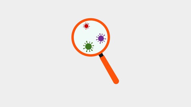 Animation of a magnifying glass lens revealing colorful virus cells in labs.