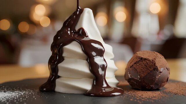 Mound of whipped cream smothered in rich chocolate sauce next to a chocolate truffle on a plate