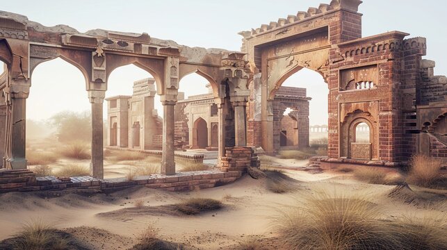 Ancient, crumbling red brick structure with archways in desert with grass. Hazy light