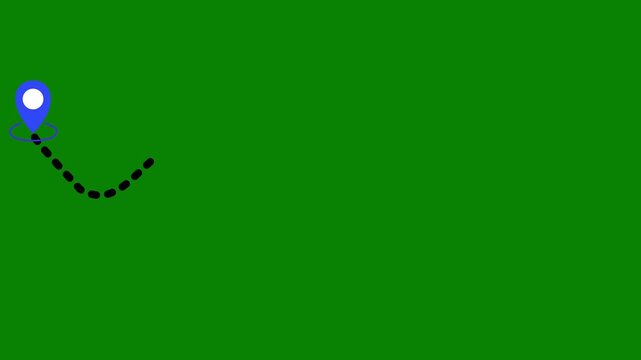 Simple black line depicts a curved path between two location pins, minimal travel trajectory loop, sleek destination pointer for professional geography documentary editing on green screen.