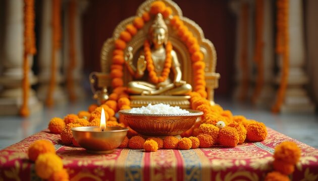 Golden statue of Jain Tirthankara in religious setup. Offering rice and lit diya lamp on altar with marigold and jasmine garlands. Worship and devotion at auspicious festival.