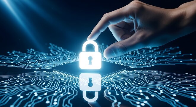 Hand touching a glowing digital lock icon over a circuit board, symbolizing cybersecurity.