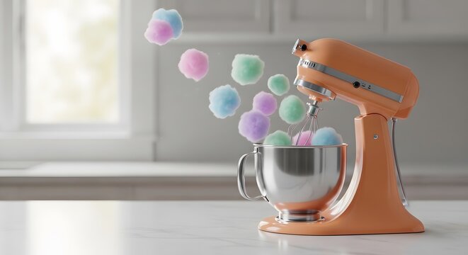 Colorful fluffy balls float into a peach stand mixer on a clean kitchen counter, creating a whimsical baking scene with pastel hues.