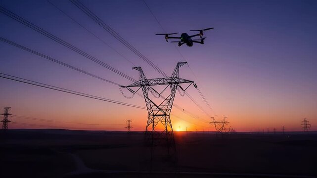 Drone inspecting power lines at sunset against sky