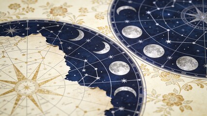 Fototapeta premium Vintage Celestial Astrology Charts with Moon Phases and Constellation Maps on Ornate Antique Paper