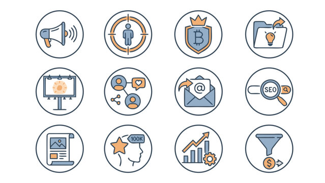 Comprehensive set of 12 marketing and advertising icons including megaphone, target audience, brand, campaign, billboard, social media, email marketing, SEO, content, influencer, and sales funnel.