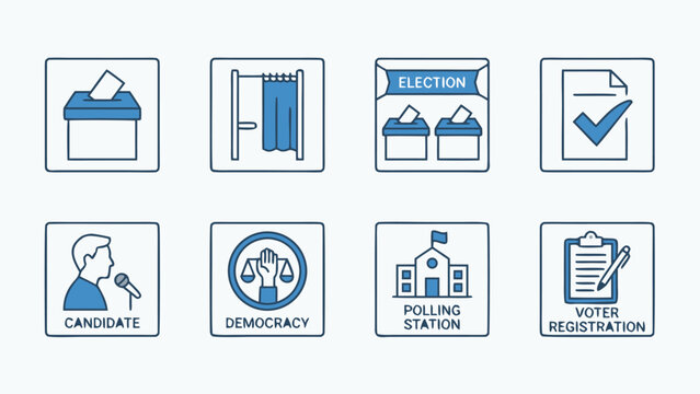 Comprehensive set of 8 voting and democracy icons featuring a ballot box, voting booth, election booth, check mark ballot, political candidate, democracy scales, polling station, and registration.