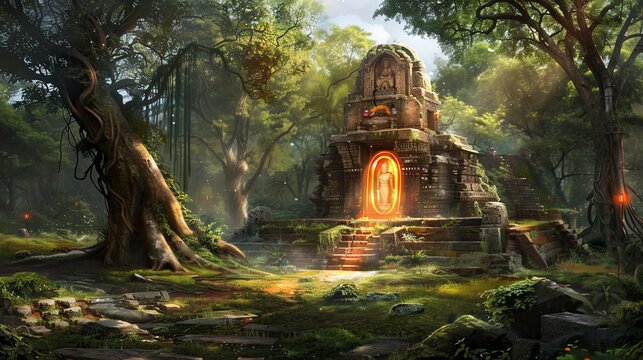 Ancient stone temple with glowing portal, lush forest surrounds. Mysterious and magical