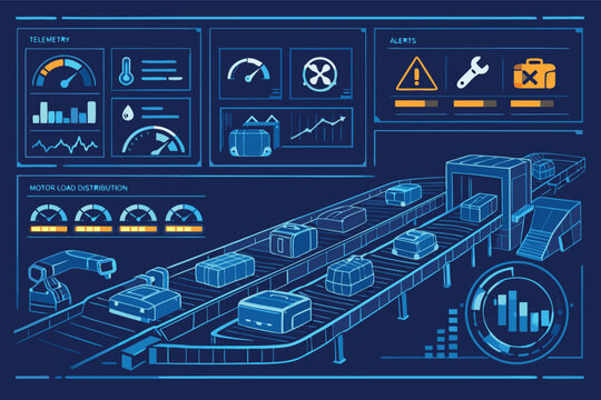 Futuristic Digital Interface for Airport Baggage Handling System with Real-Time Telemetry, Conveyor Belts, Luggage Tracking, Motor Load Distribution, and Industrial Monitoring Dashboard Analytics.