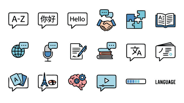 Comprehensive Set of 16 Language Learning and Education Icons Featuring Speech Bubbles, Translation Symbols, Global Communication, Study Tools, and Cultural Elements in a Clean Geometric Style.