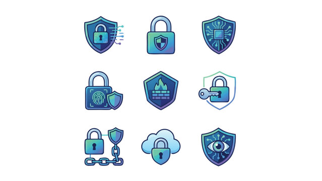 Cybersecurity Icon Set: 9 Vector Illustrations of Locks, Shields, Firewalls, and Cloud Security. Clean Geometric Design for Data Protection, Network Safety, Privacy, and Digital Encryption.