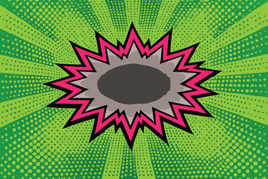 Retro Pop Art Comic Starburst with Pink Layers and Blank Center on Green Halftone Dot Background. Vintage Explosion Graphic for Text, Speech Bubble, or Action Impact Design Element Illustration.