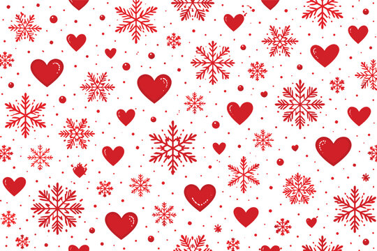 Festive Red Heart and Snowflake Seamless Pattern on White Background; Romantic Winter Design with Scattered Love Hearts and Delicate Snowflakes for Valentine's Day, Christmas, and Holiday Decor