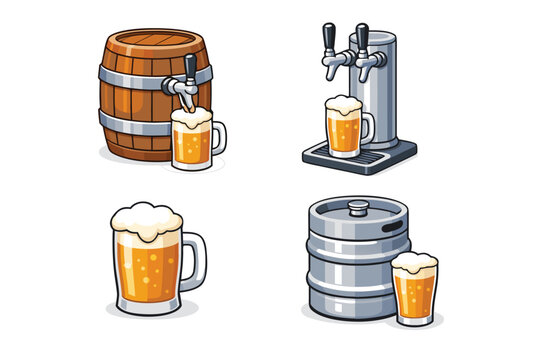 Draft Beer Vector Illustration Set Featuring Wooden Barrel with Tap, Double Beer Tower Dispenser, Metal Keg, and Frothy Mugs of Lager Isolated on White Background for Pub and Brewery Design