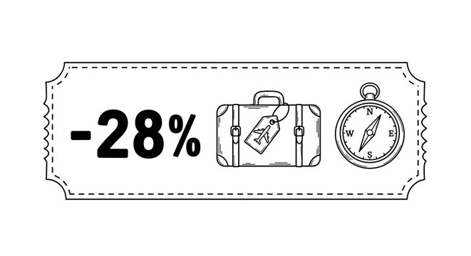 Discount coupon vector with percentage off and travel icons, offers and sale promotions, limited time deals