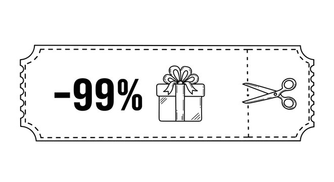 Discount coupon for -99 percent off with gift icon and scissors, perforated edge, ideal for sales and special offers